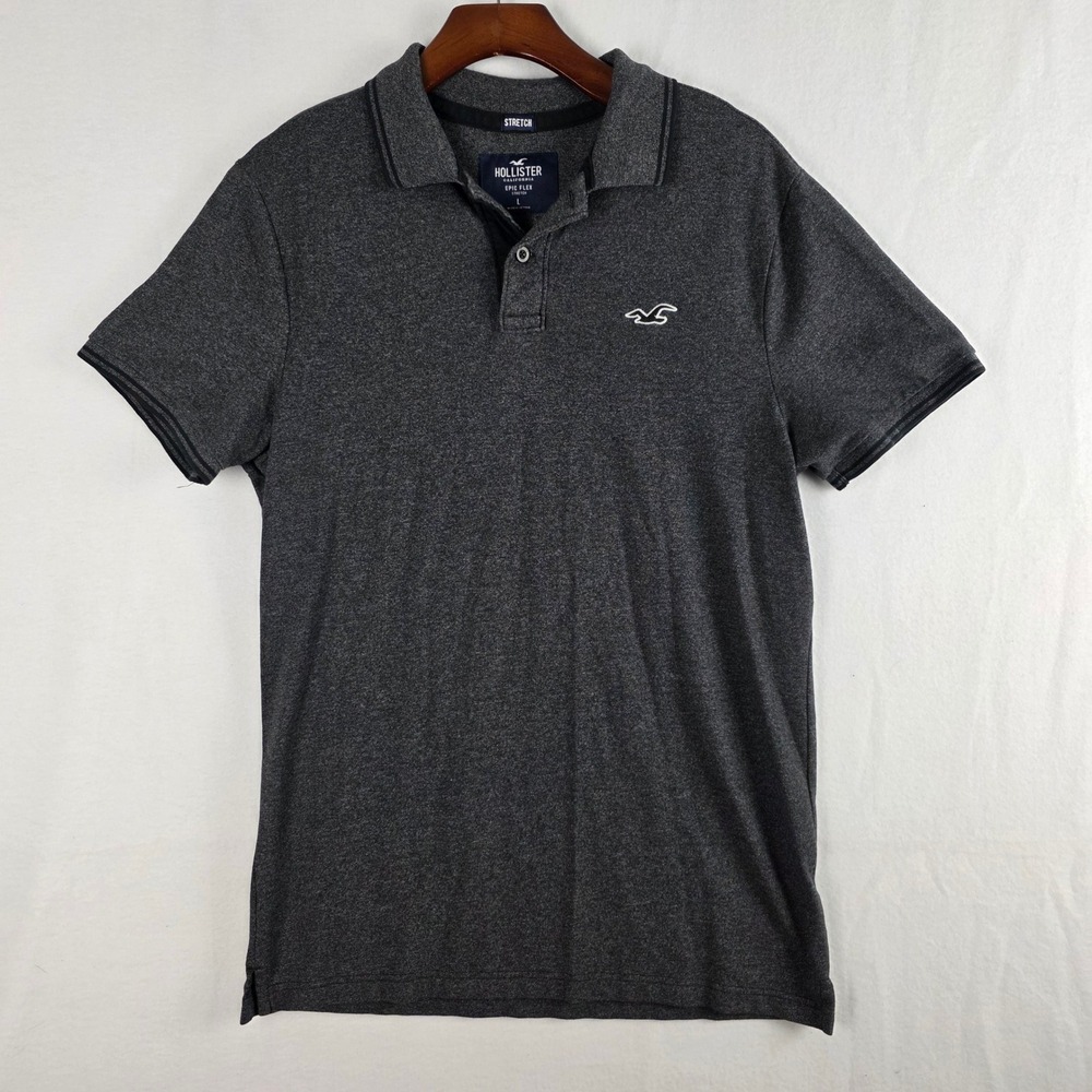 Hollister Mens Large Charcoal Gray Epic Flex Stretch Short Sleeve Polo Shirt